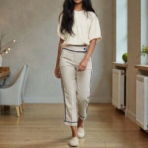 APM Monaco Natural and Navy Trim High Waisted Straight Leg Cuffed Trousers EU34